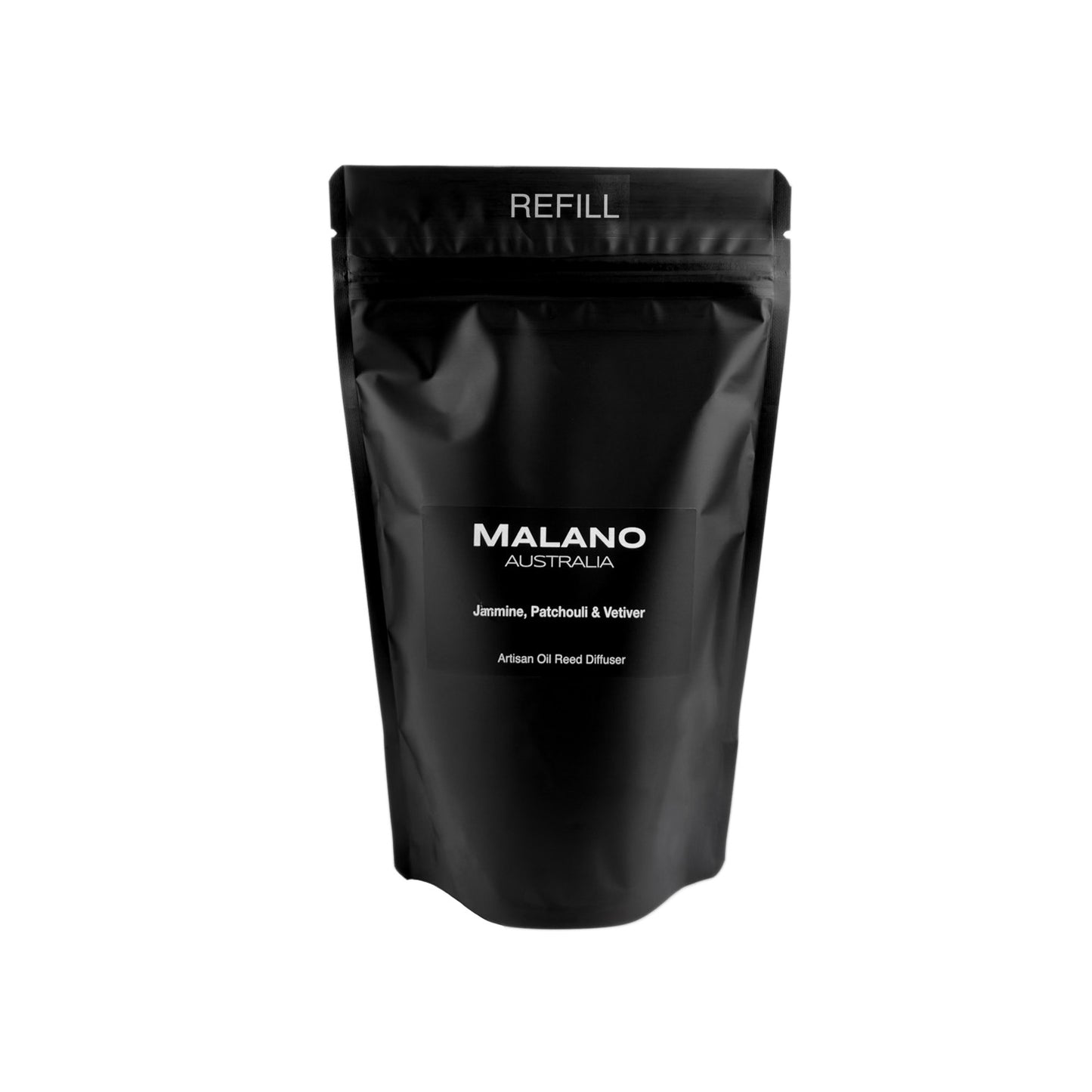 A black refill bag with the brand ‘MALANO’ and the scent reading ‘Jasmine, Patchouli and Vetiver’, ‘Artisan Oil Reed Diffuser’ and ‘ REFILL’ on the front.
