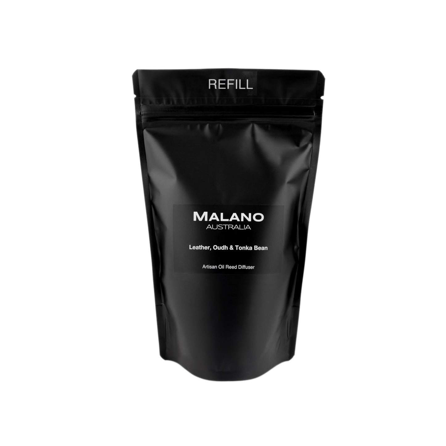 A black refill bag with the brand ‘MALANO’ and the scent reading ‘Leather,Oudh and Tonka Bean’, ‘Artisan Oil Reed Diffuser’ and ‘ REFILL’ on the front.