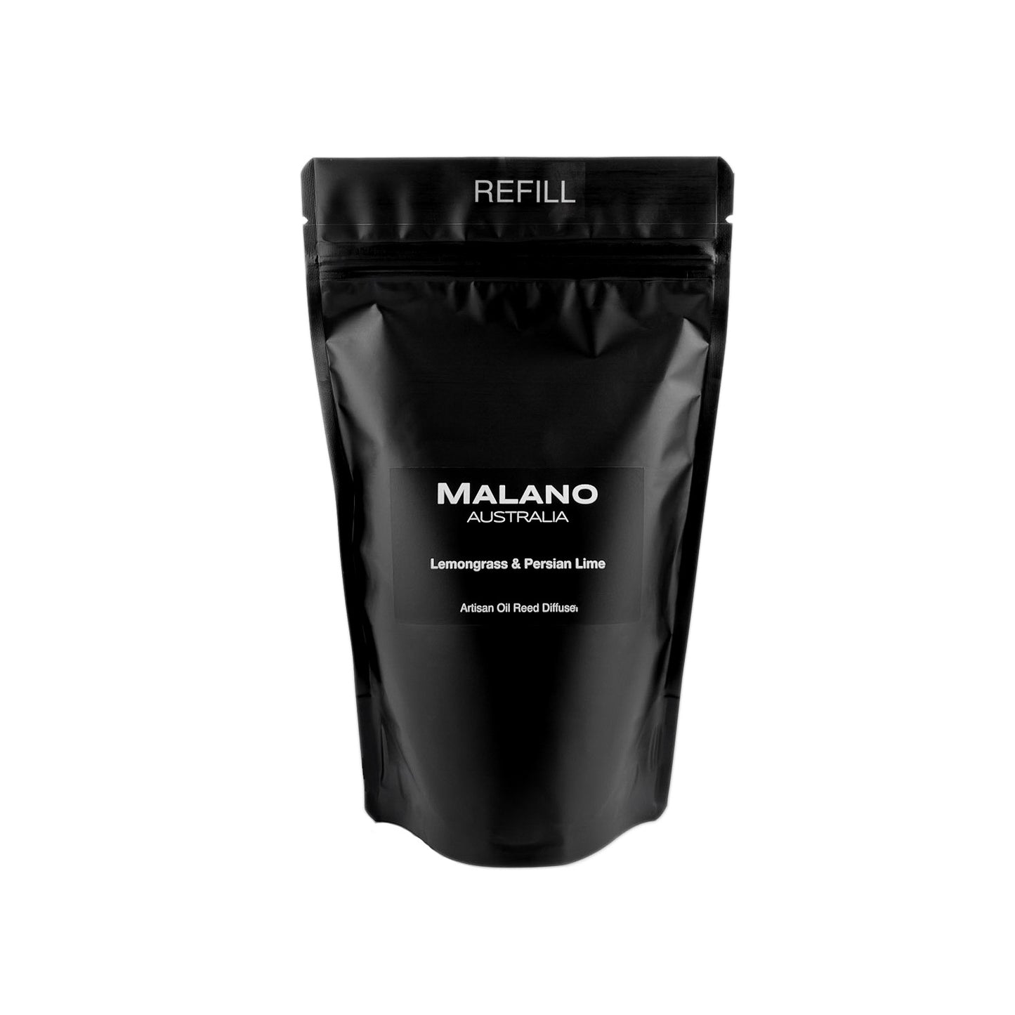 A black refill bag with the brand ‘MALANO’ and the scent reading ‘Lemongrass and Persian Lime’, ‘Artisan Oil Reed Diffuser’ and ‘ REFILL’ on the front.