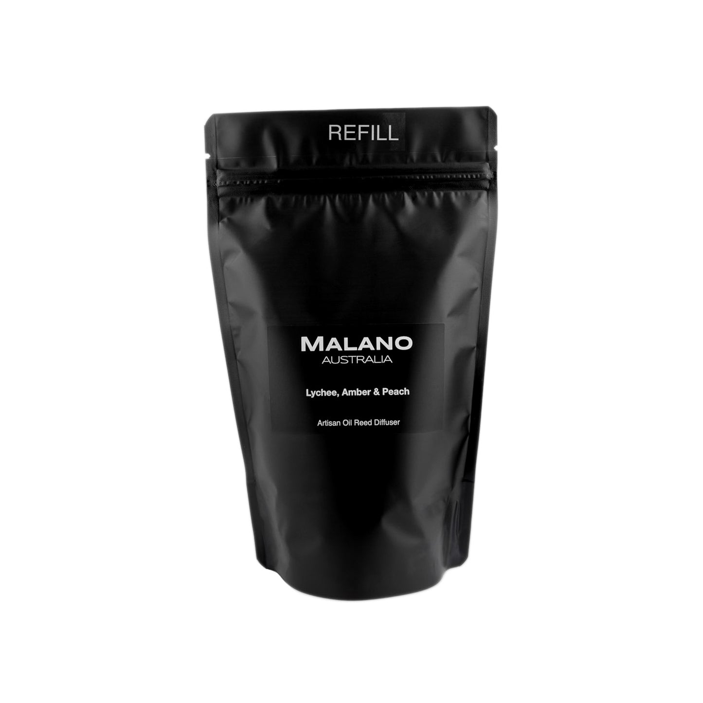 A black refill bag of Lychee, Amber and Peach with the brand ‘MALANO’ and the scent reading ‘Artisan Oil Reed Diffuser’ and ‘ REFILL’ on the front.