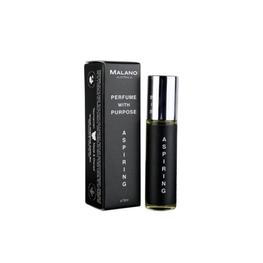 A black box packaging with a clear roll-on bottle of perfume labeled 'Aspiring Perfume With Purpose' by Malano.