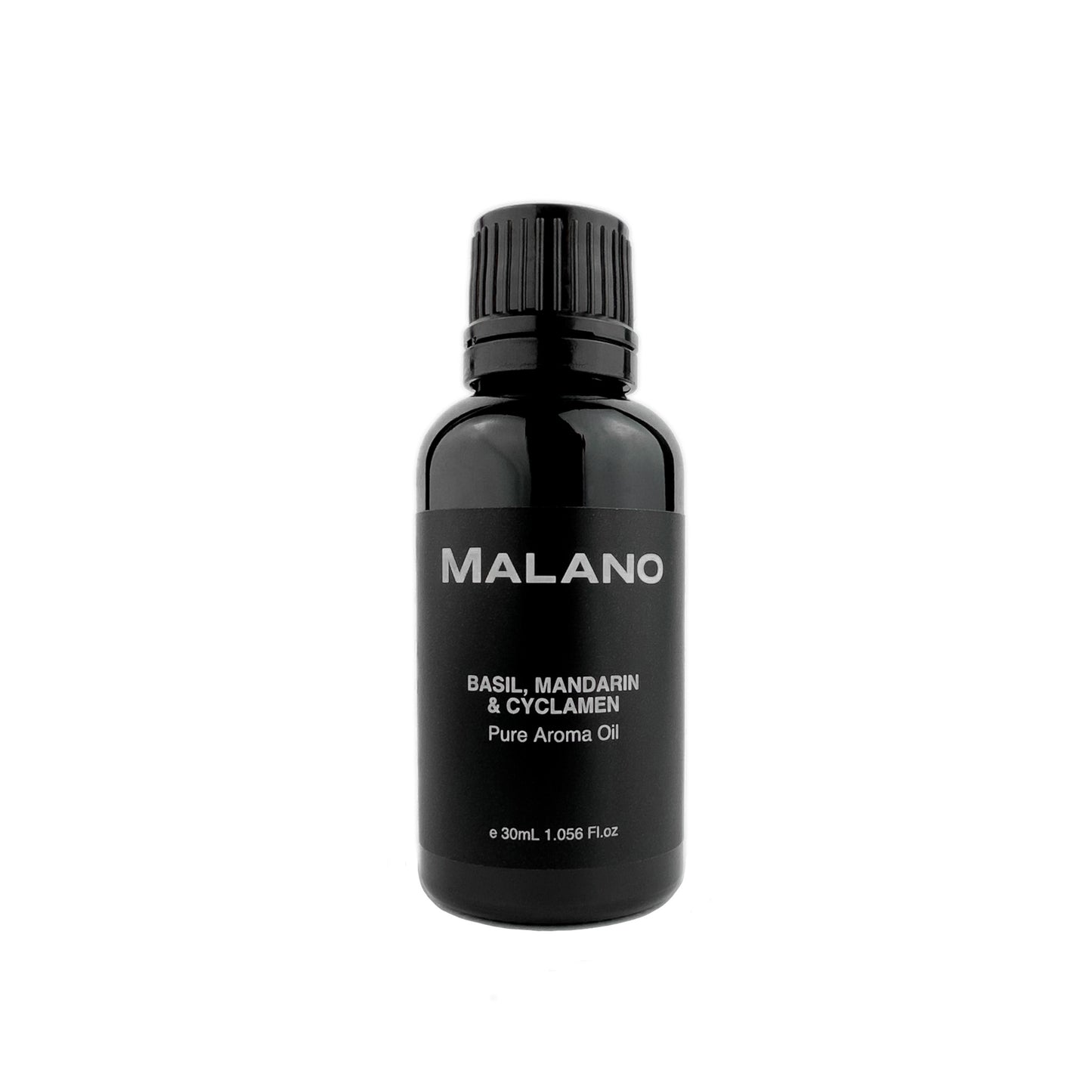 A black bottle with a white label displaying the brand name 'MALANO' and the words 'Basil, Mandarin & Cyclamen Pure Aroma Oil' that has 30mL.