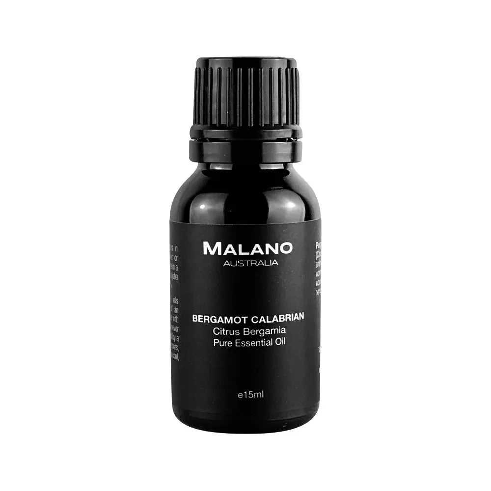 A black bottle with a black and white label displaying 'MALANO BERGAMOT CALABRIAN Citrus Bergamia Pure Essential Oil 15mL'.