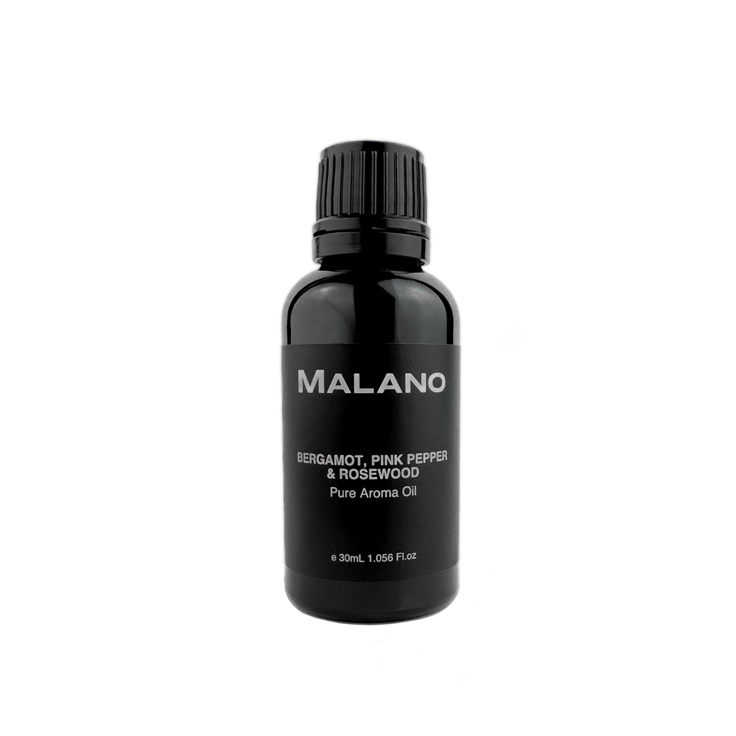 A black bottle with a white label displaying the brand name 'MALANO' and the product name 'Bergamot, Pink Pepper & Rosewood Pure Aroma Oil'.to be used with humidifiers.