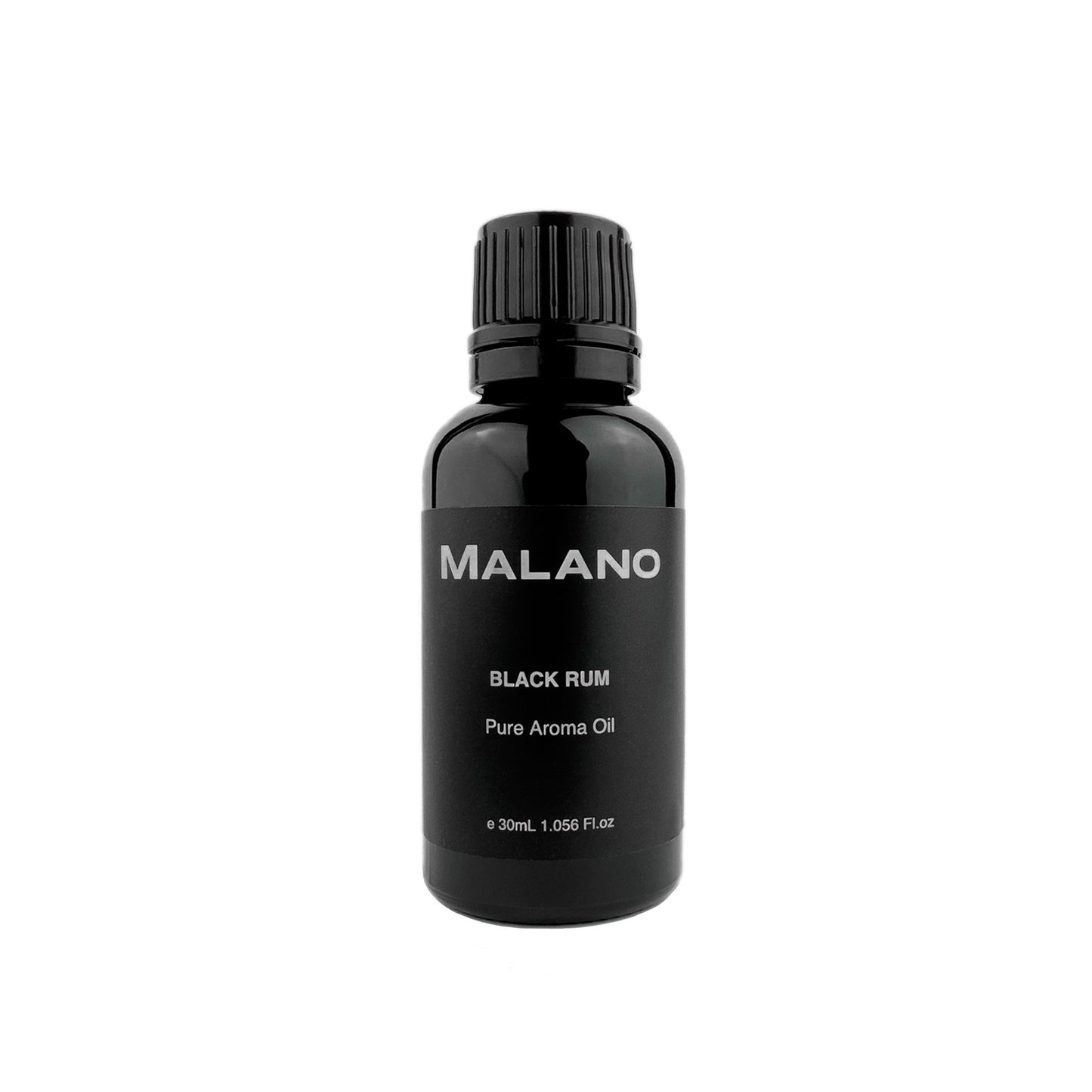 A bottle of MALANO Black Rum Pure Aroma Oil with a black label on a white background.