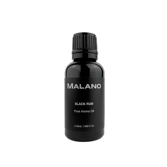 A bottle of MALANO Black Rum Pure Aroma Oil with a black label on a white background.