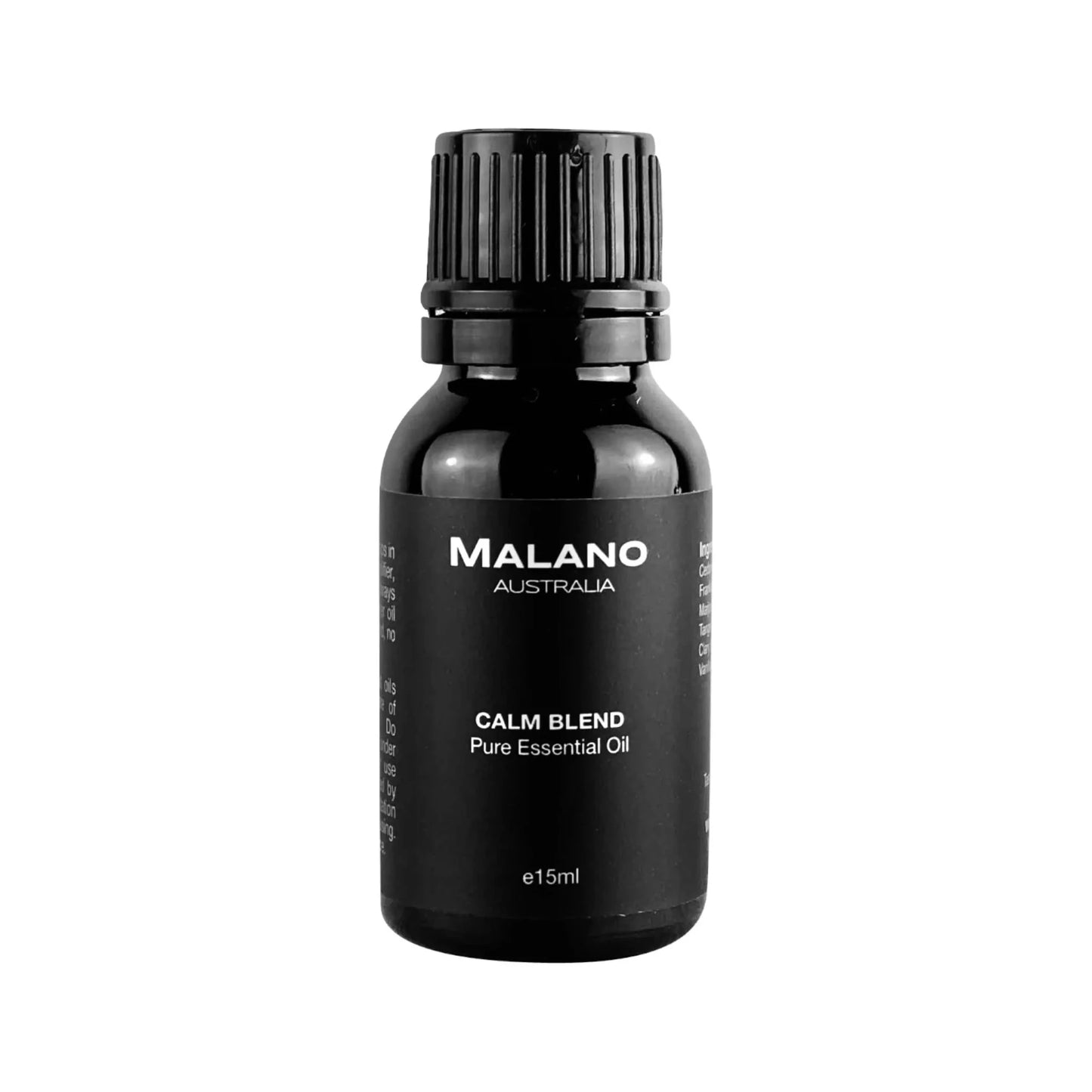 A black bottle labeled 'MALANO AUSTRALIA CALM BLEND Pure Essential Oil' with a capacity of 15mL displayed against a white background.