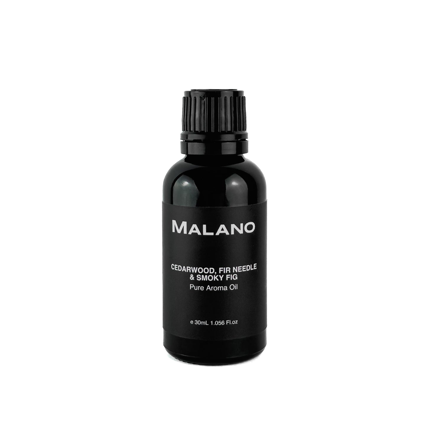 A black bottle with a white label that reads 'MALANO', 'Cedarwood, Fir Needle & Smoky Fig', 'Pure Aroma Oil'. The bottle contains approximately 30mL of liquid.