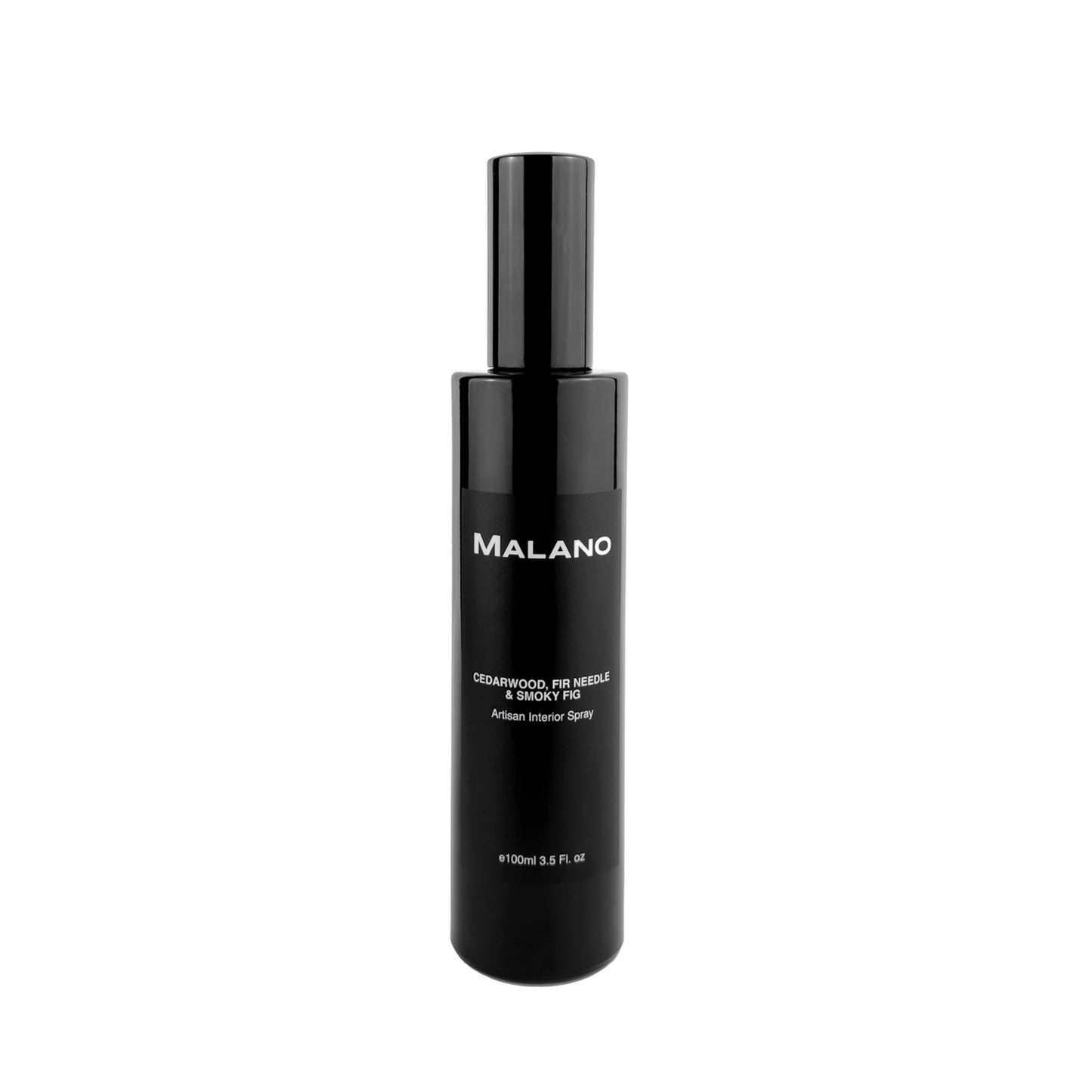 A sleek black glass spray bottle labeled 'MALANO' with text indicating it is an 'Cedarwood, Fir Needle and Smoky Fig Interior Spray' product.