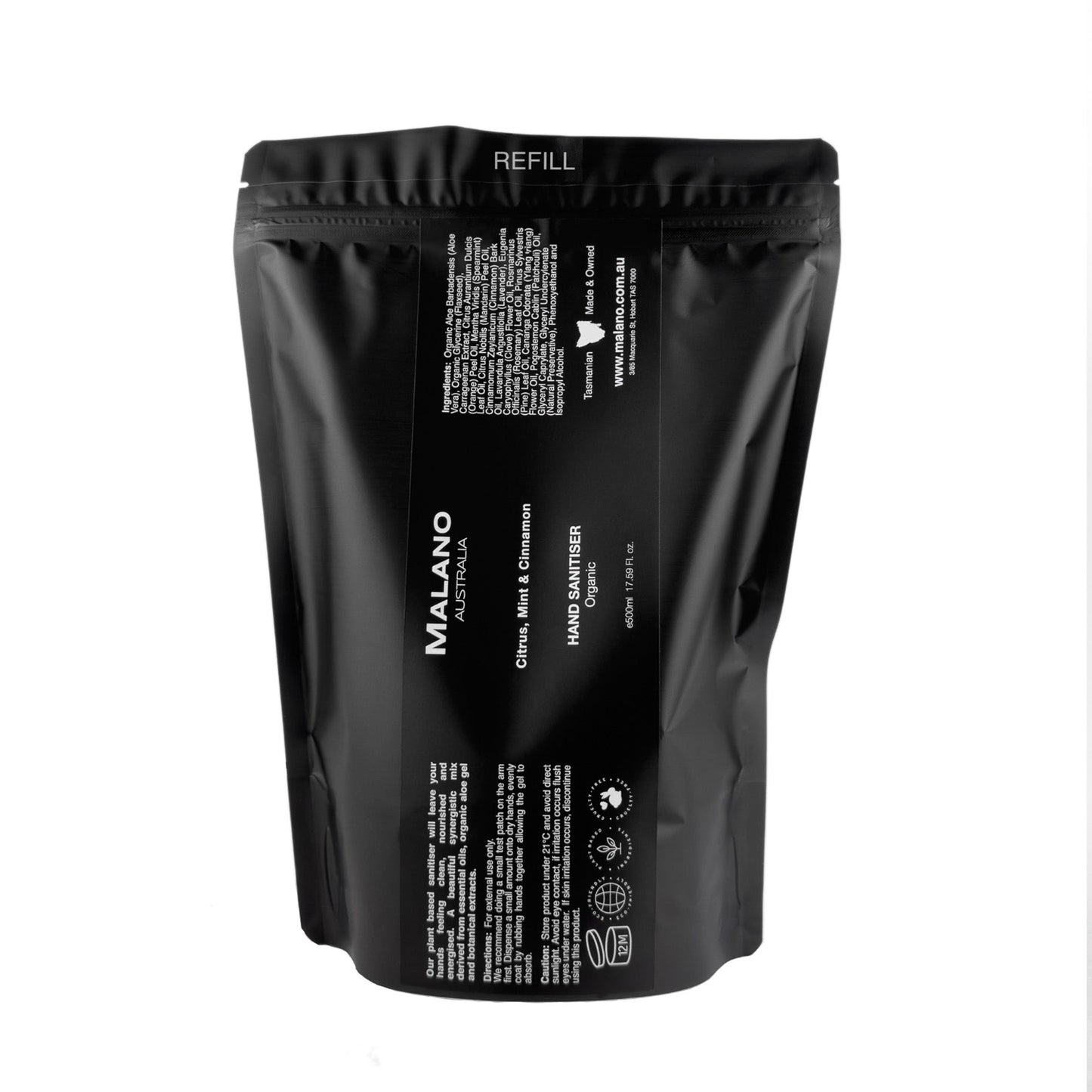 A black refill bag that has a label with the brand Malano and Citrus, Mint and Cinnamon Hand Sanitiser Organic written in white and the bag sitting against a white background