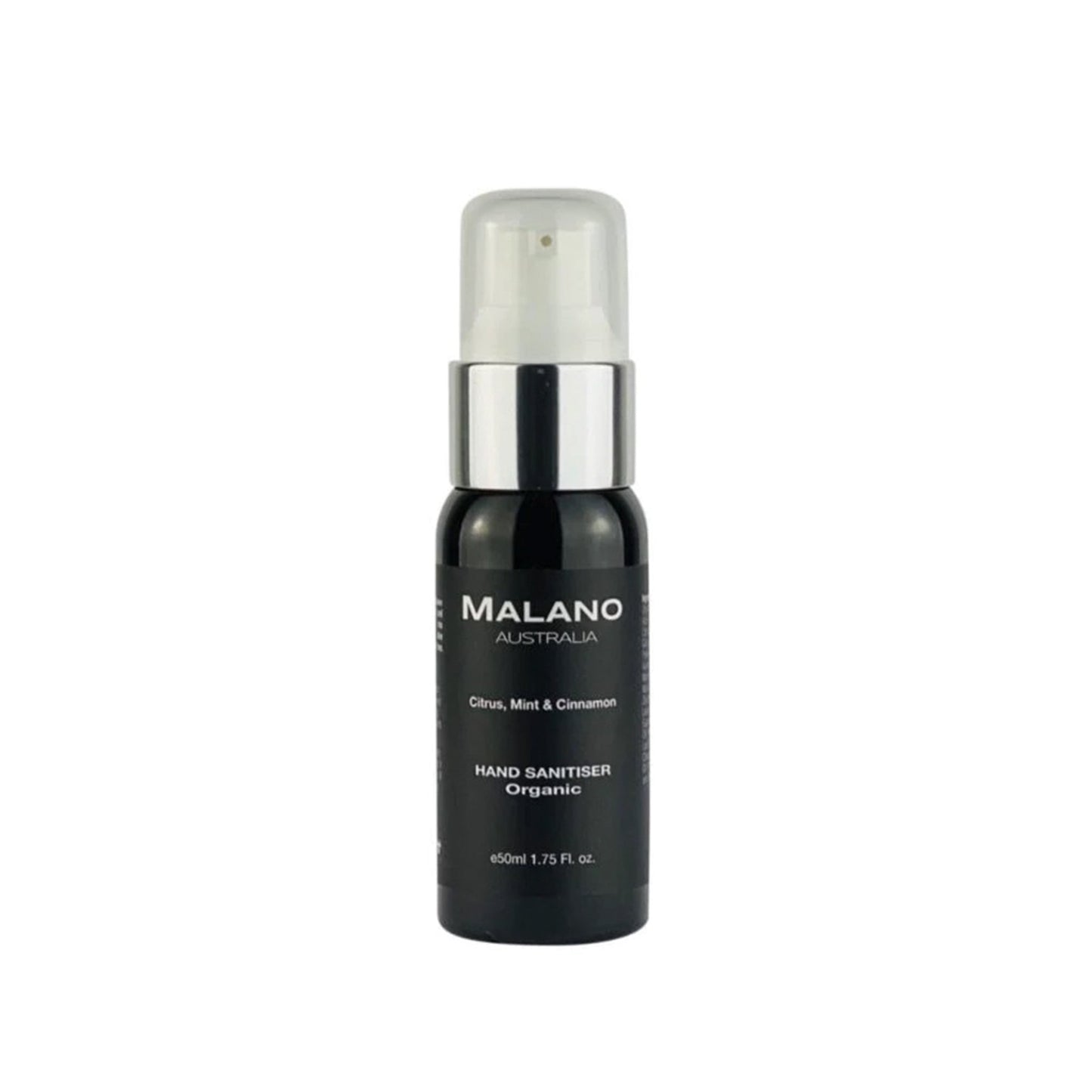 A little black bottle with a silver and white pump nozzle, a clear lid, and with a black label and white writing that reads ‘Malano, Citrus, Mint and Cinnamon Hand Sanitiser Organic’ with a capacity of 50mL, the bottle is sitting against a white background