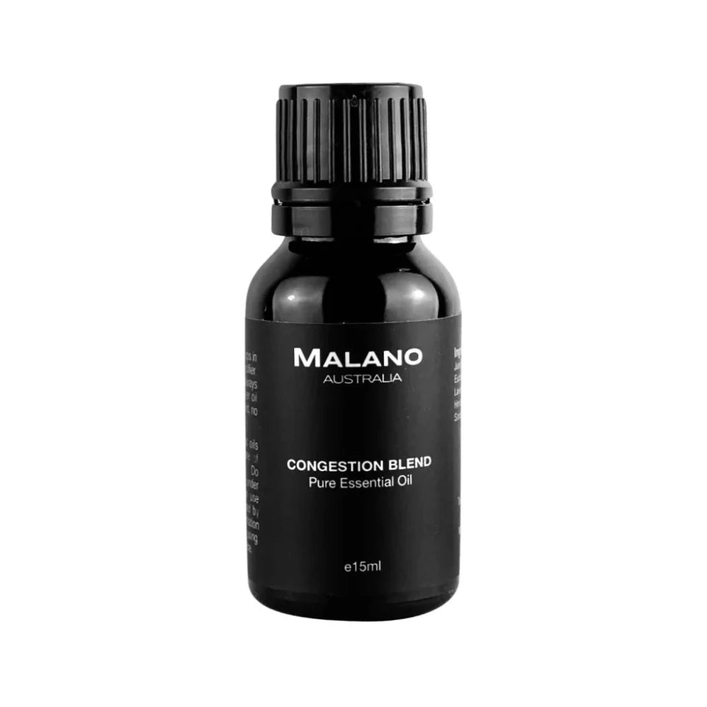 A black bottle of MALANO Congestion Blend Pure Essential Oil 15mL with white and text on it against a white background