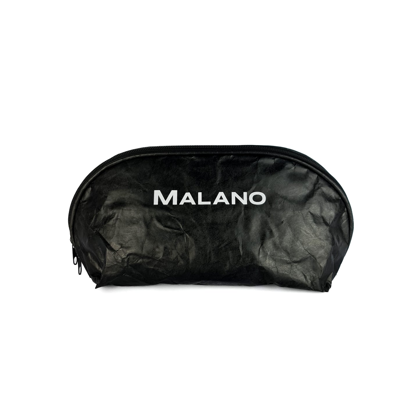 A black cosmetic bag with white writing of the brand MALANO written on the front of the bag. There are also two zips off to the left side.