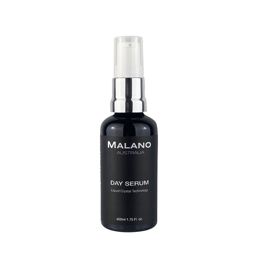 A black bottle with a silver and white pump labeled 'MALANO DAY SERUM' with Liquid Crystal Technology and a capacity of 50mL, Designed for skin care.