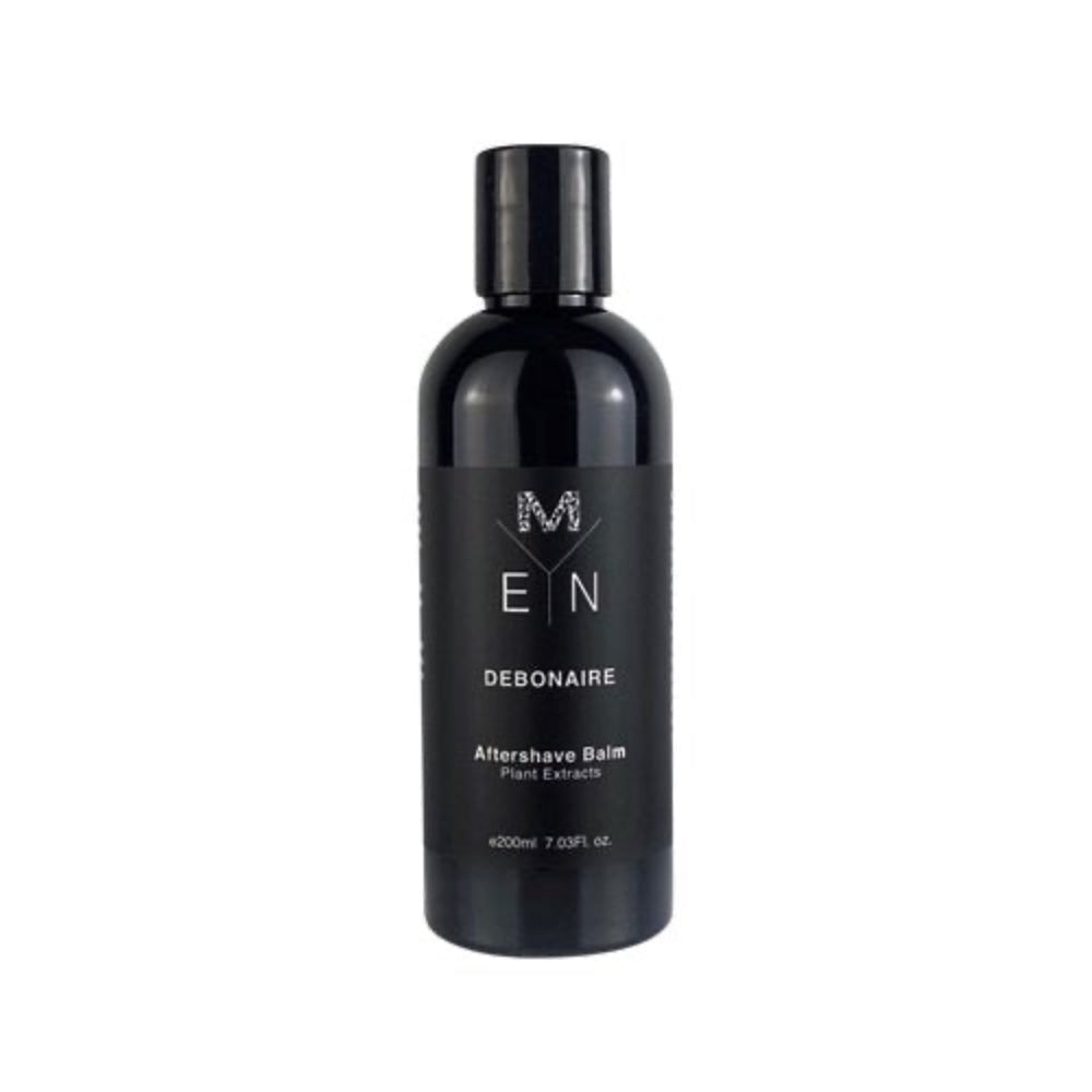 A black bottle of Debonaire Men's Aftershave Balm with a black label and white text detailing the product name and description with the products sitting against a white background.