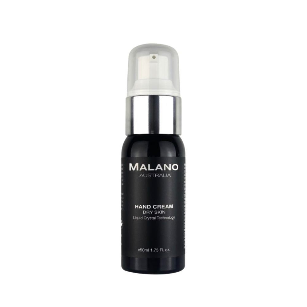 A black pump bottle labeled 'MALANO Signature Range Hand Cream' designed for dry skin with a black label and white writng.