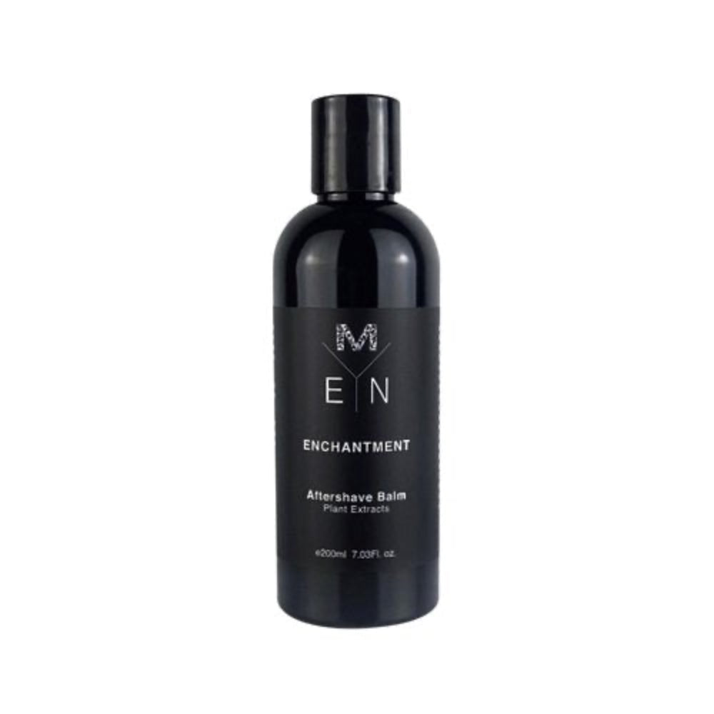 A black bottle of Enchantment Aftershave Balm with plant extracts by Malano with white and white text detailing the product name and brand and with a capacity of 200mL