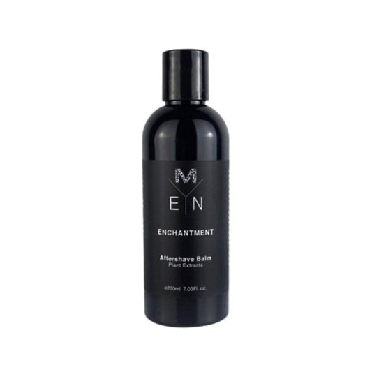 A black bottle of Enchantment Aftershave Balm with plant extracts by Malano with white and white  text detailing the product name and brand and with a capacity of 200mL