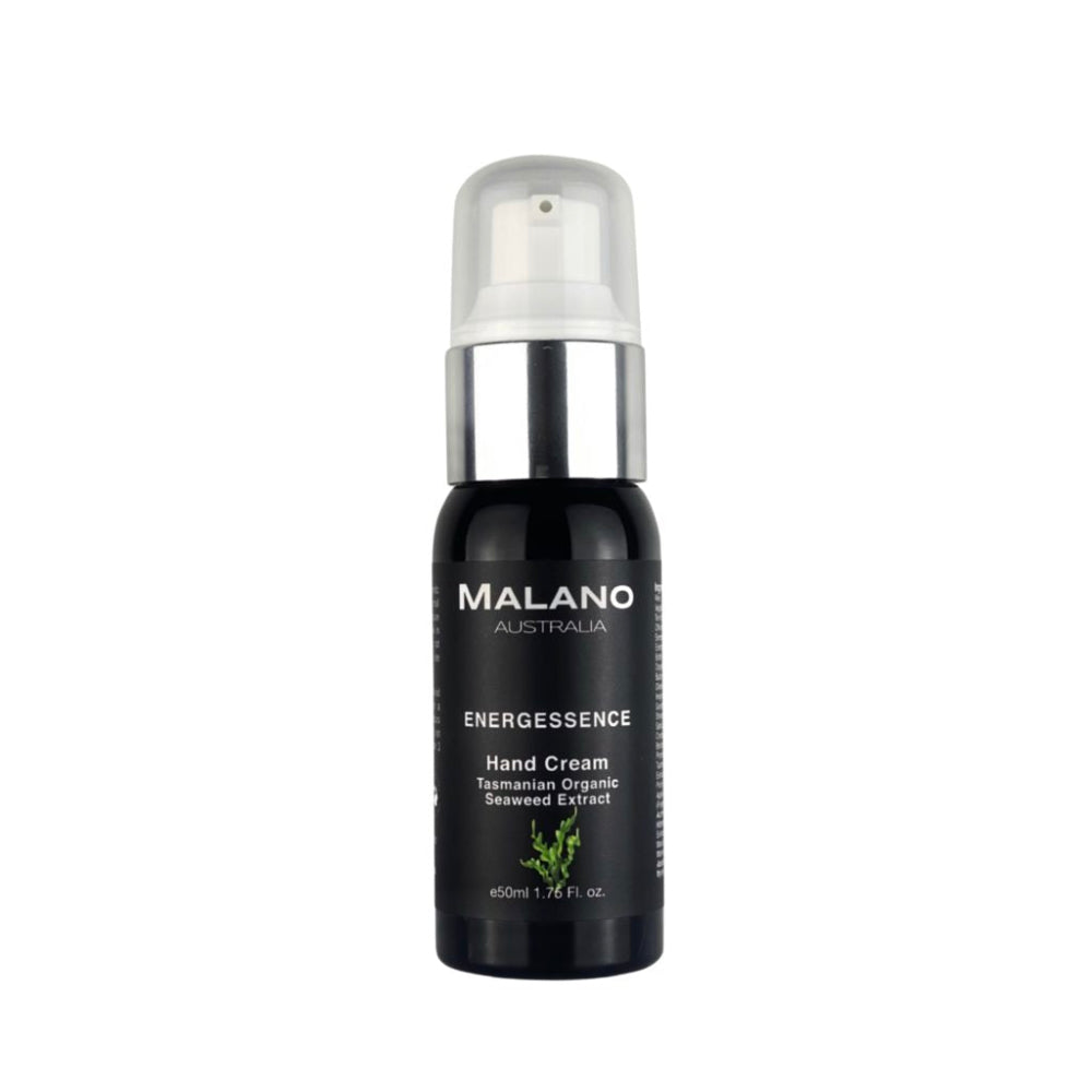 A pump bottle of Malano Energessence Hand Cream with black and white label, indicating it is part of the Tasmanian Organic Seaweed Range.