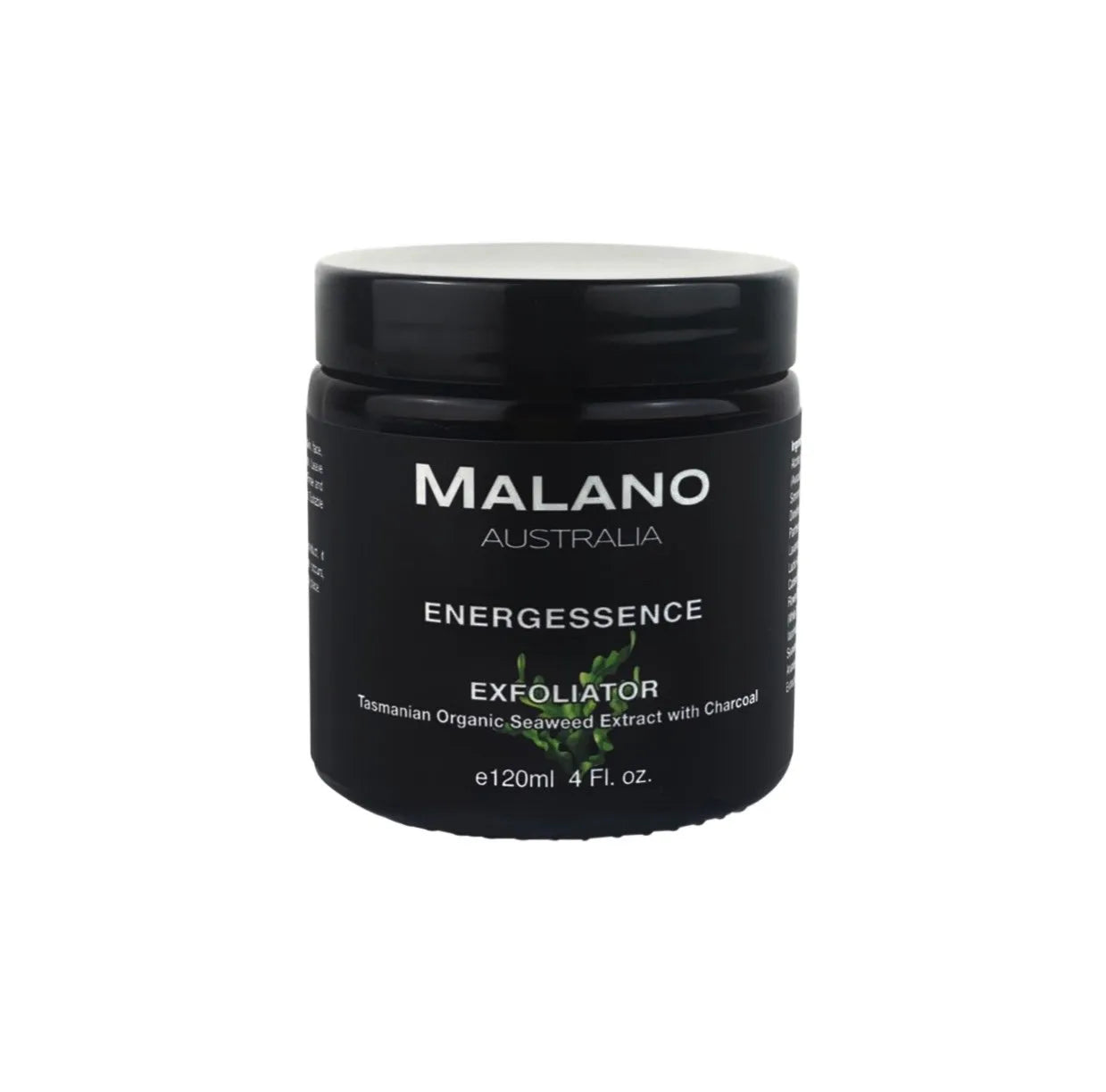 A black jar labeled 'Malano Energessence Exfoliator' Tasmanian Organic Seaweed Extract with Charcoal. The label has a green leafy seaweed design, with a black background and white writing, indicating it is a skincare product.