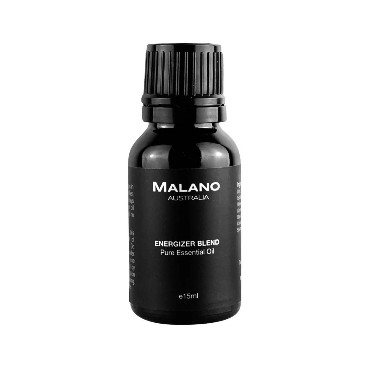 A black bottle with a black and white label displaying 'MALANO', 'Energizer Blend', and 'Pure Essential Oil'. The bottle size is 15mL.