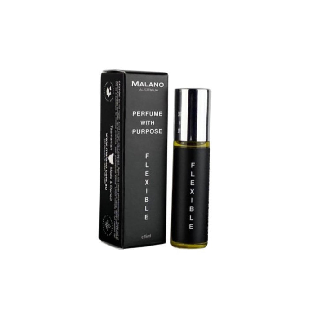 A roll on perfume oil bottle with a black and white label with Flexible, Perfume With Purpose and Malano written on it sitting next to its packaging box.