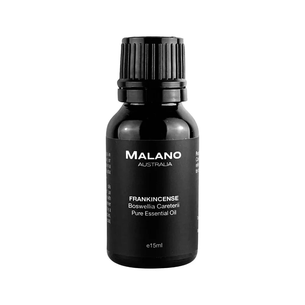 A black bottle with a black and white label displaying 'MALANO', 'Frankincense', and 'Bowswellia Careterii’, Pure Essential Oil'. The bottle size is 15mL.