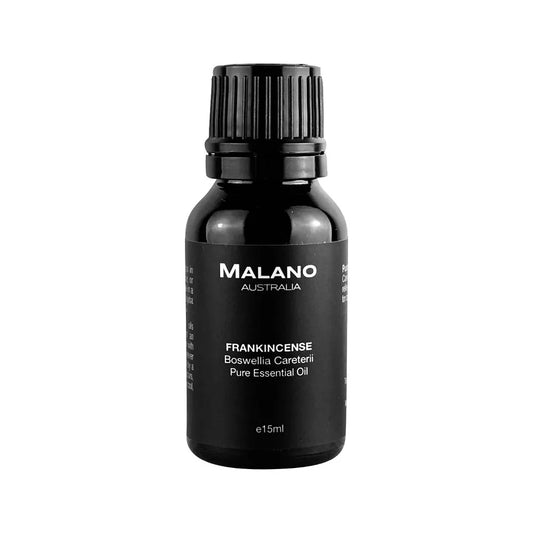 A black bottle with a black and white label displaying 'MALANO', 'Frankincense', and 'Bowswellia Careterii’,  Pure Essential Oil'. The bottle size is 15mL.