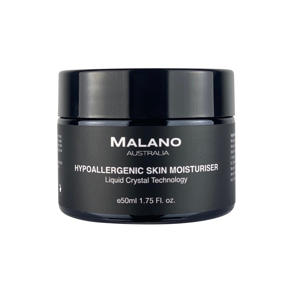 A black jar of Malano hypoallergenic moisturiser for sensitive skin with a black and white label with a capacity of 50mL