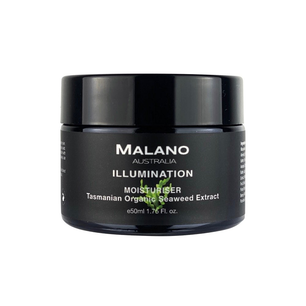 A black jar of Malano Illumination Moisturiser with white text detailing the product name and Tasmanian Organic Seaweed extract as an ingredient with a 50mL capacity.