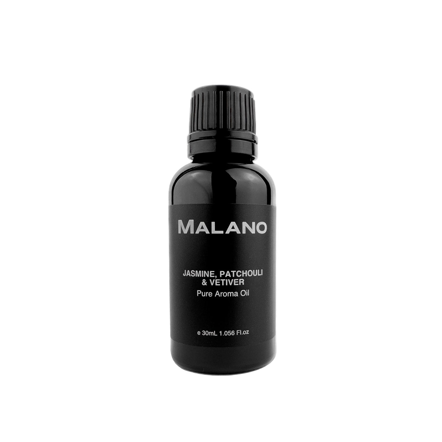 a black bottle of Jasmine, Patchouli and Vetiver Pure Aroma Oil for humidifiers made by the brand Malano The bottle has a capacity of 30mL and has a black label with white writing.