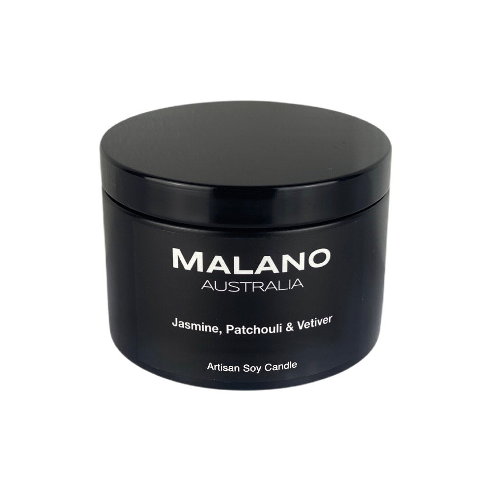 Luxury Australian handmade soy candle made by Malano in matte black jar, with a beautifully balanced, vibrant and sophisticated, citrus/floral scent ofJasmine, Patchouli and Vetiver. The tin is sitting against white background