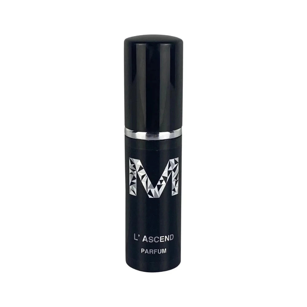 A black bottle of L'Ascend Parfum by Malano with silver text displaying the name and fragrance classification 'PARFUM'.