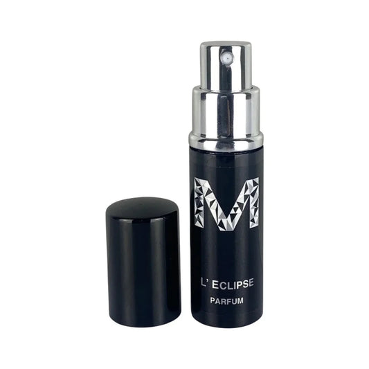 A black perfume bottle with the lid off, with a black label containing silver writing displaying 'MALANO', ', and 'L’Eclipse Parfum'. The bottle size is 10mL.