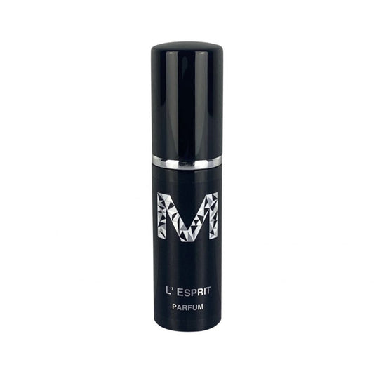 A black bottle of L'Espirit Parfum by Malano with a simple and elegant design, labeled with metalic silver text.