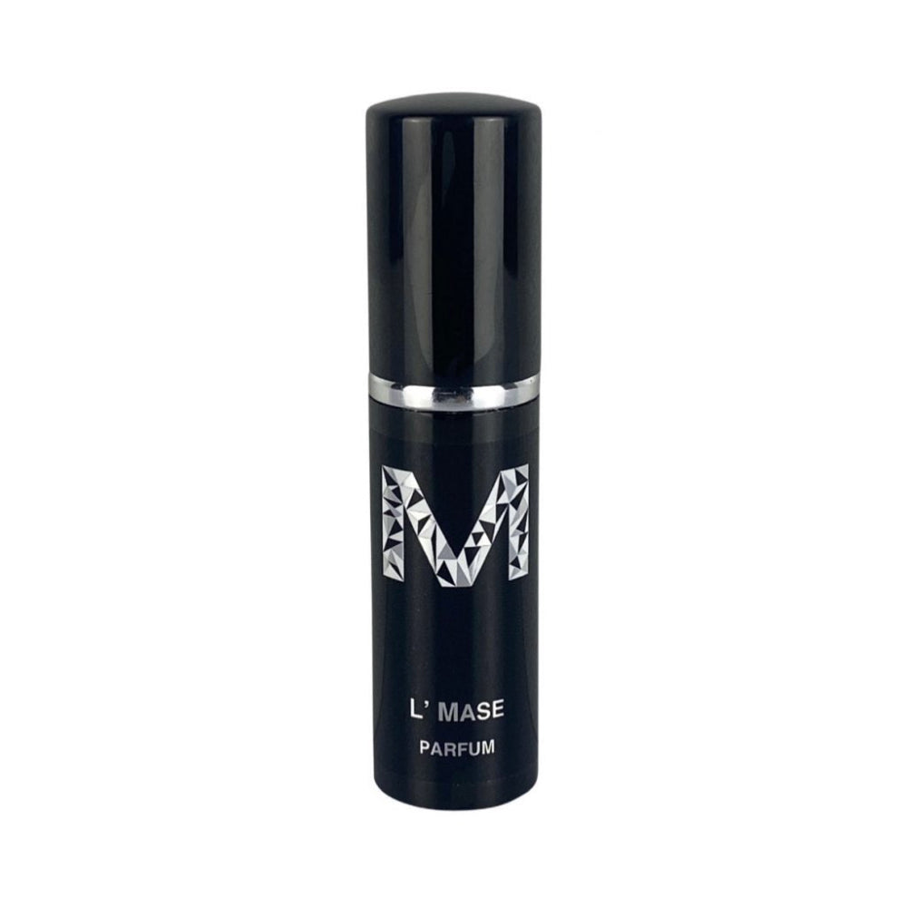 A black 10mL bottle of L'Mase Parfum with silver text displaying the name and type of the fragrance and the brand Malano