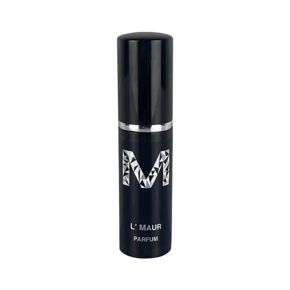 A black bottle of L'Maur Parfum with the lif on, with silver text displaying the brand name 'MALANO' on the front.