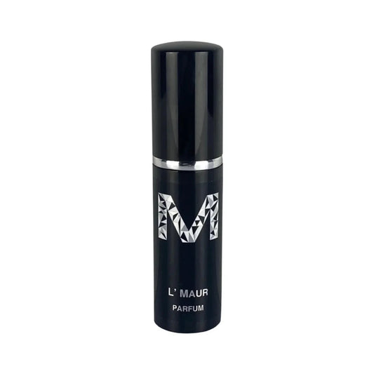 A black bottle of L'Maur Parfum with the lif on, with silver  text displaying the brand name 'MALANO' on the front.