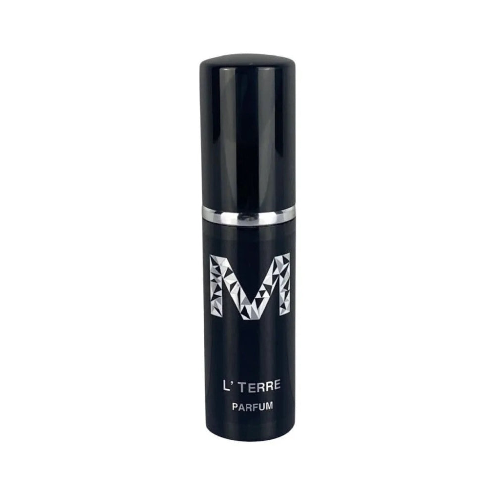 A black perfume bottle with the lid on, with a black label containing silver writing displaying 'MALANO', ', and 'L’Terre Parfum'. The bottle size is 10mL.