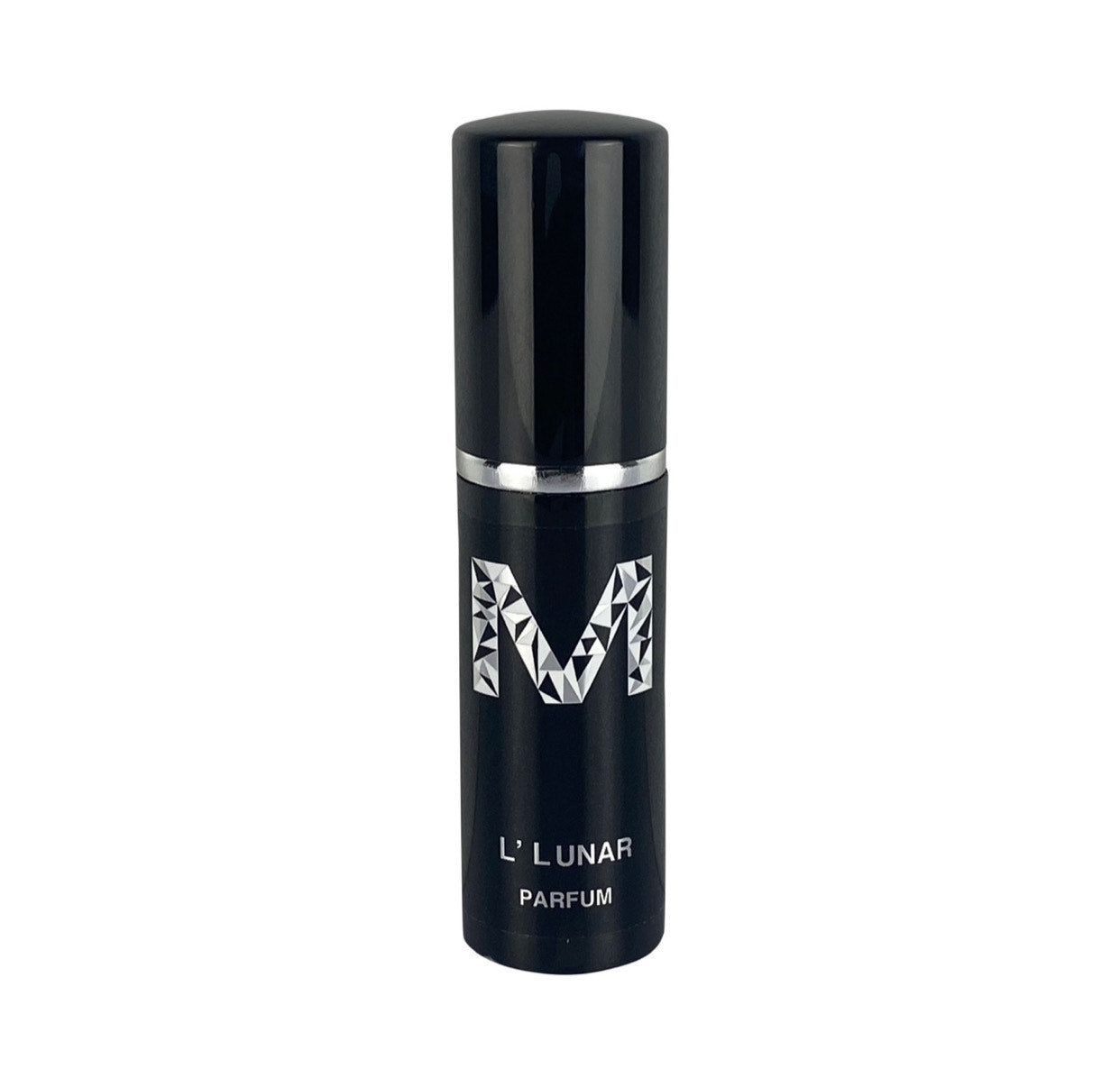 A black bottle of L’Lunar Parfum with white text indicating the name and fragrance category 'Parfum' and the brand Malano on the label.