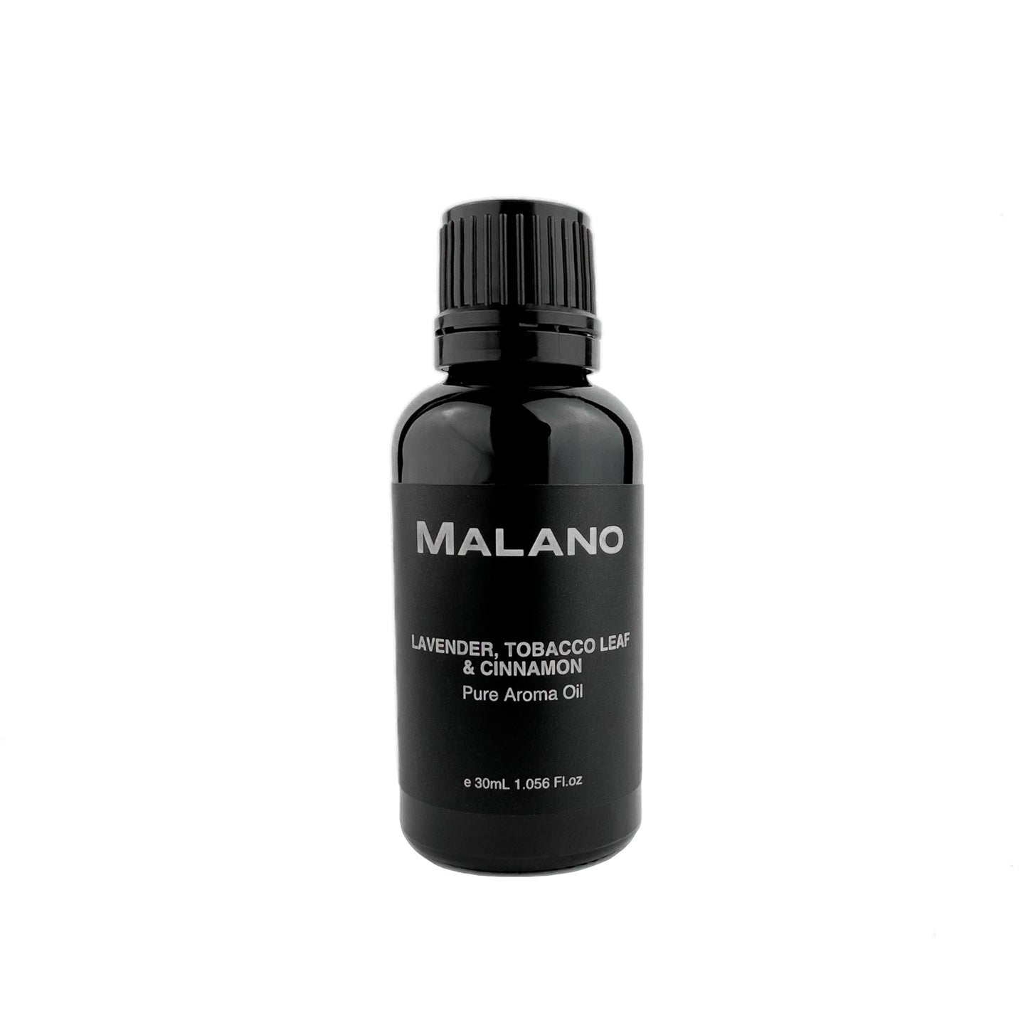 A black bottle of pure aroma oil for humidifiers by Malano with the size of 30mL and the name of Lavender, Tobacco Leaf and Cinnamon on the label that has white writing on black.