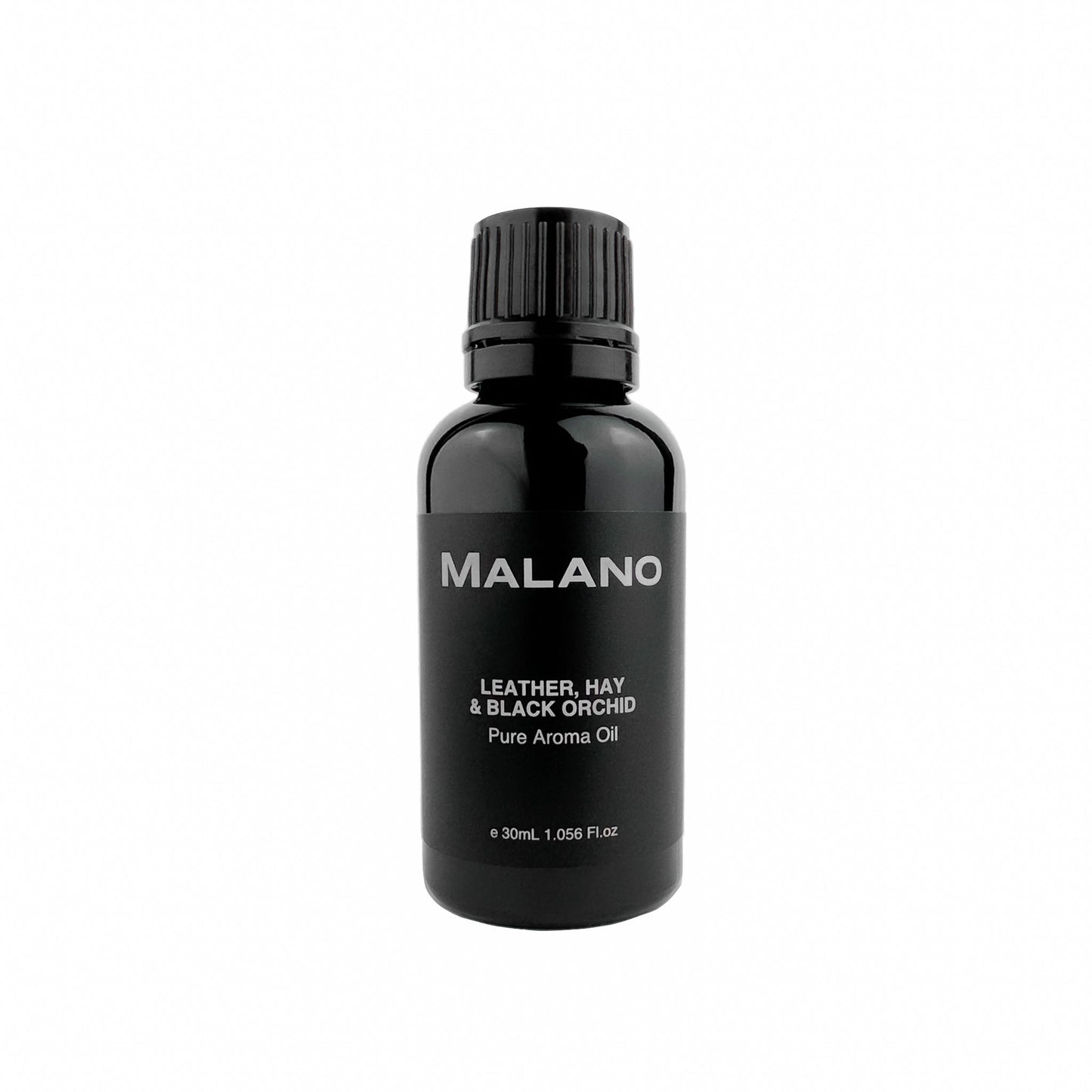 A black bottle with a white label that reads 'MALANO LEATHER, HAY & BLACK ORCHID Pure Aroma Oil 30mL'.