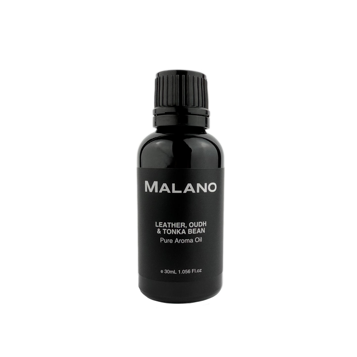 A black bottle with a white label that reads 'MALANO LEATHER, OUDH & TONKA BEAN Pure Aroma Oil 30mL'.