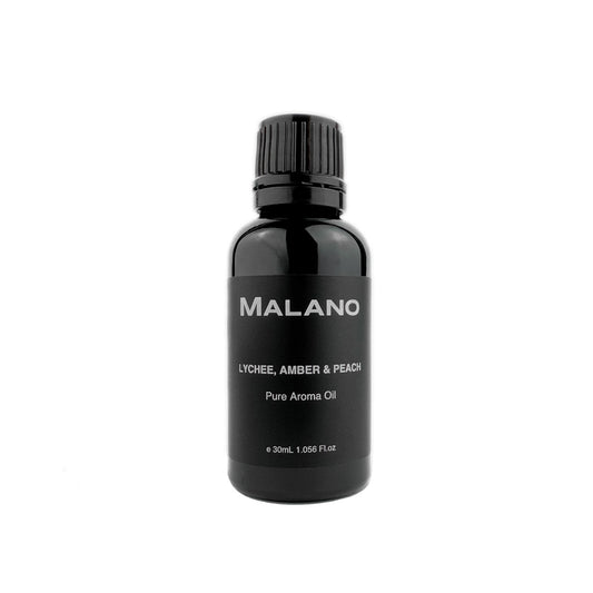 A black bottle with a white label showing the brand name 'MALANO' and the fragrance name 'Lychee, Amber & Peach Pure Aroma Oil'. The bottle has a capacity of 30mL.