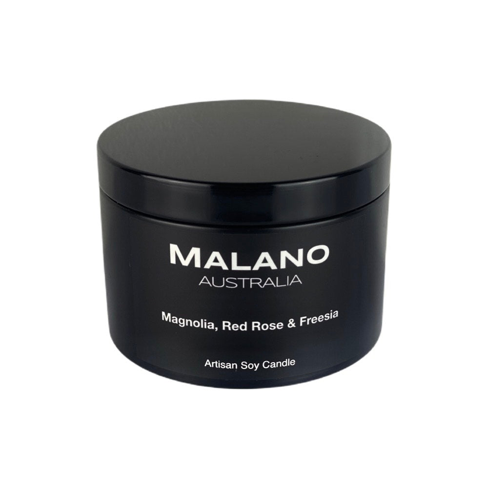 Luxury Australian handmade soy candle in matte black jar, scented with a beautiful floral scent of Magnolia, Red Rose and Freesia.