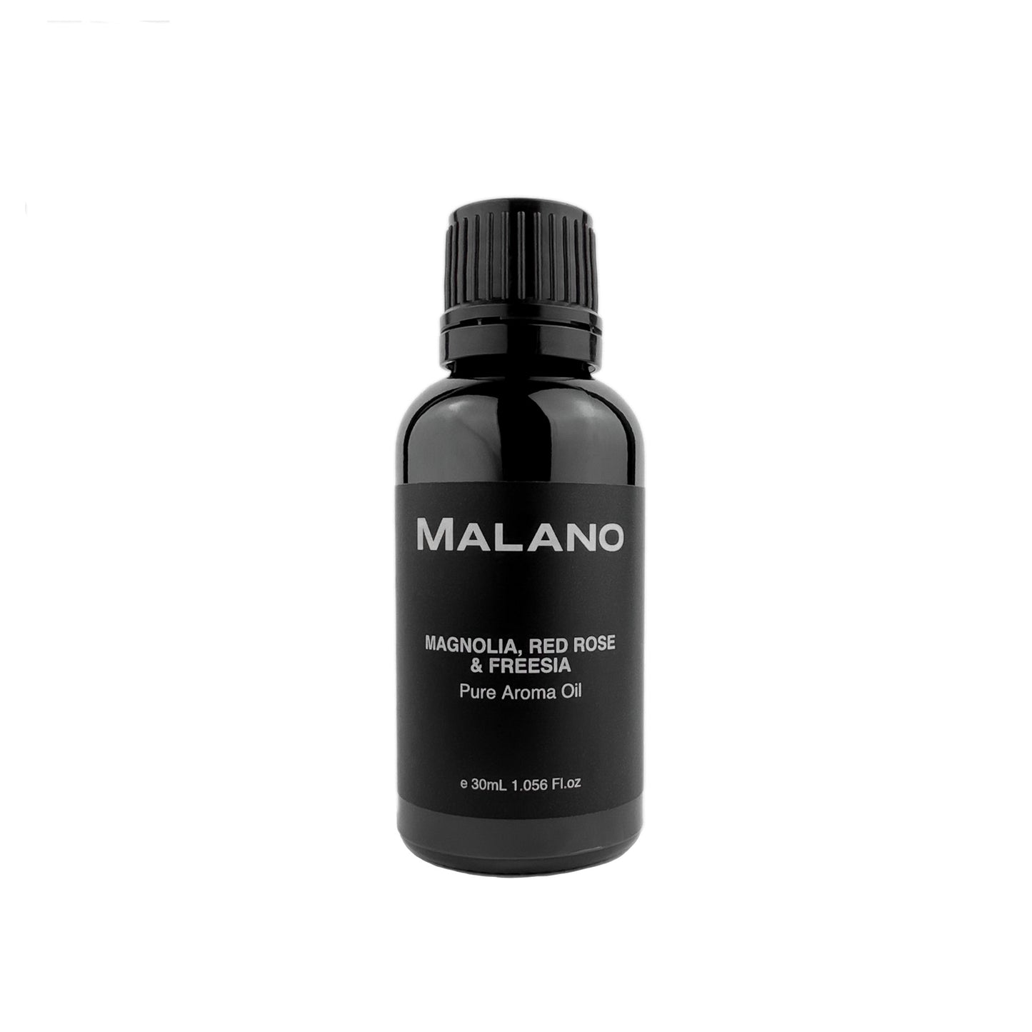 A black bottle labeled 'MALANO' containing Magnolia, Red Rose & Freesia Pure Aroma Oil, with a capacity of 30mL displayed on a white background.
