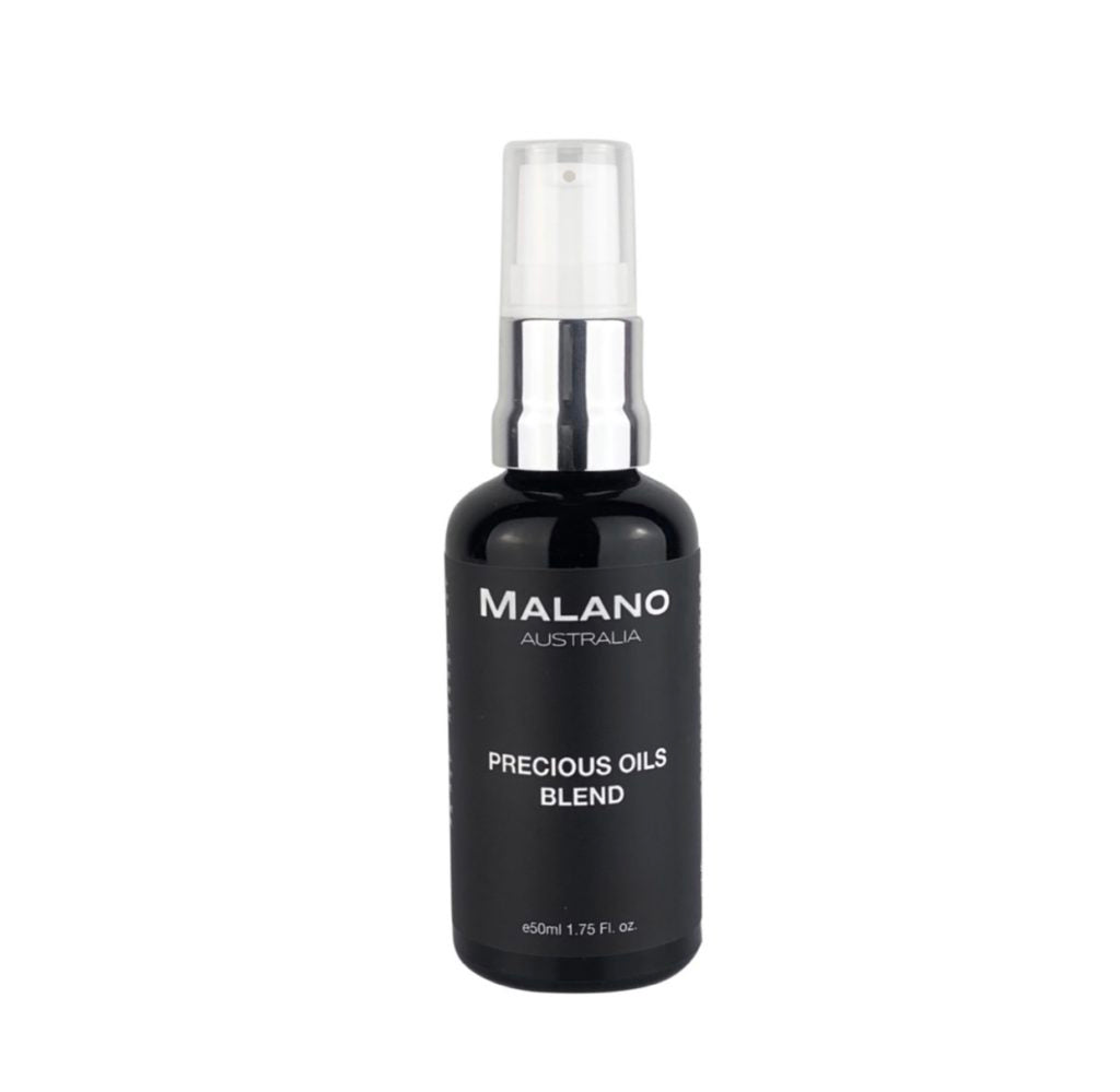 A black bottle with a white pump dispenser labeled 'MALANO PRECIOUS OILS BLEND'. 50mL bottle