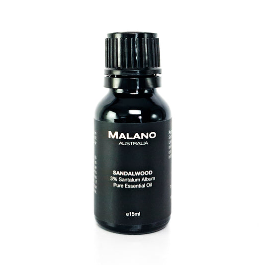 A black bottle with a black label with white writing,  labeled 'MALANO' for Osmanthus Absolute, size 15mL.