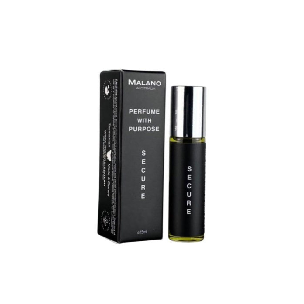 Malano clear glass roll on perfume bottle with a silver lid and black and white packaging with “Malano”, “Perfume WIth Purpose” and “Secure” written on it, on a white background