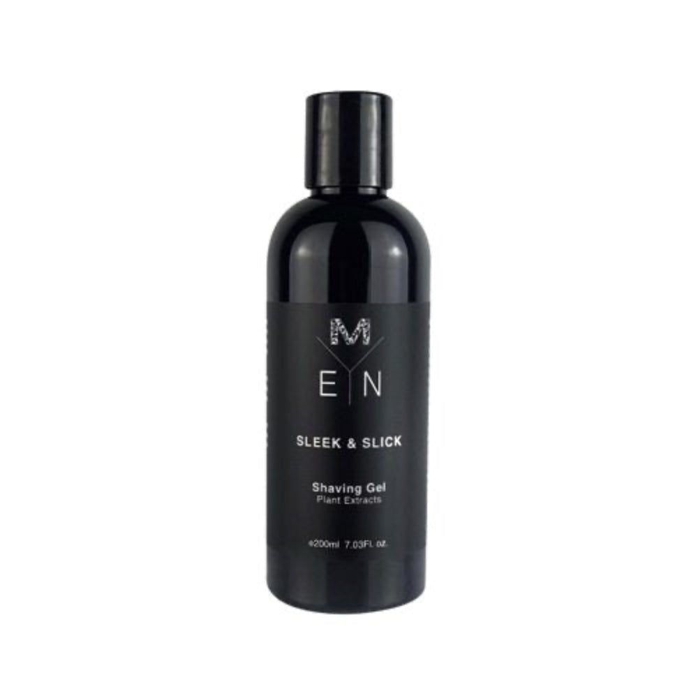 A black bottle with a black label and white text indicating it is Men's Shaving Gel with plant extracts with a capacity of 200mL but the brand Malano